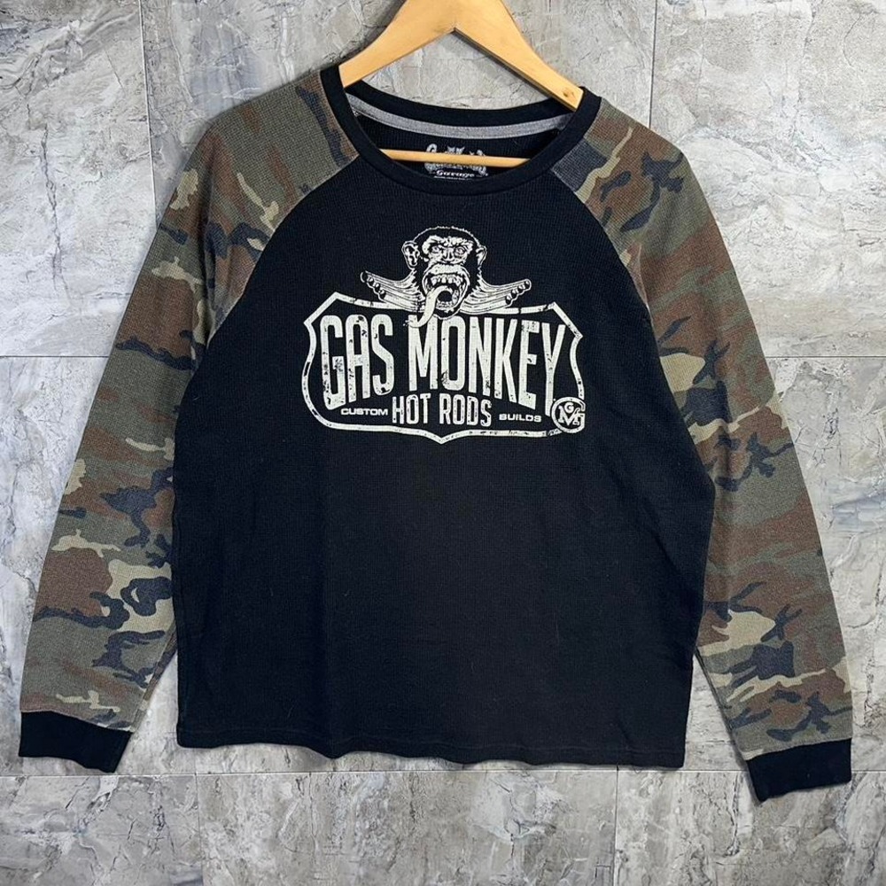 Gas Monkey Garage Long Sleeve Henley Shirt, Size Large Mens Camo